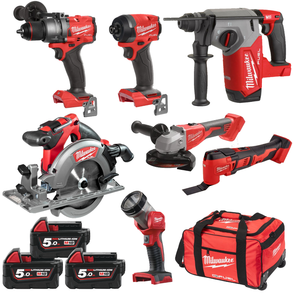 Set 7 scule cu 3 acumulatori Milwaukee M18 FPP7B-503B