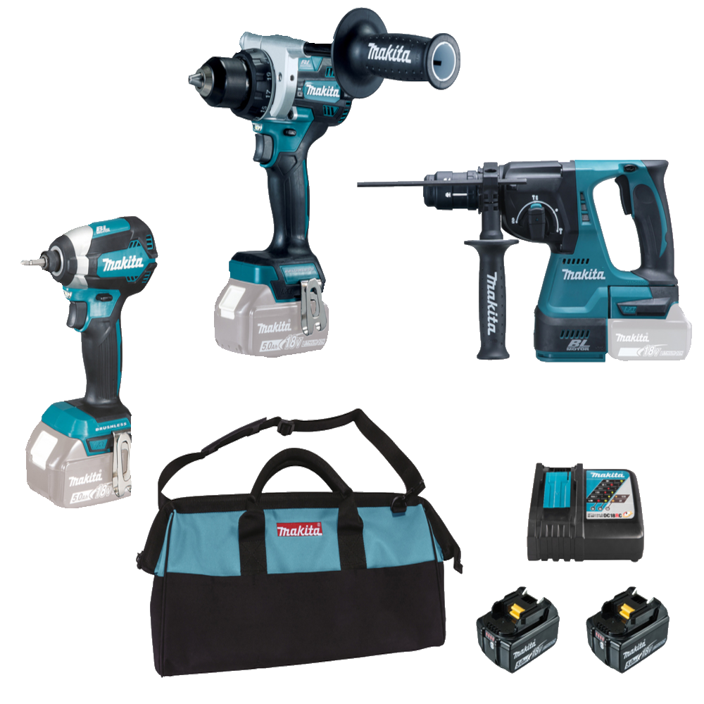 Set de 3 scule cu 2 acumulatori Makita DLX3154TX1